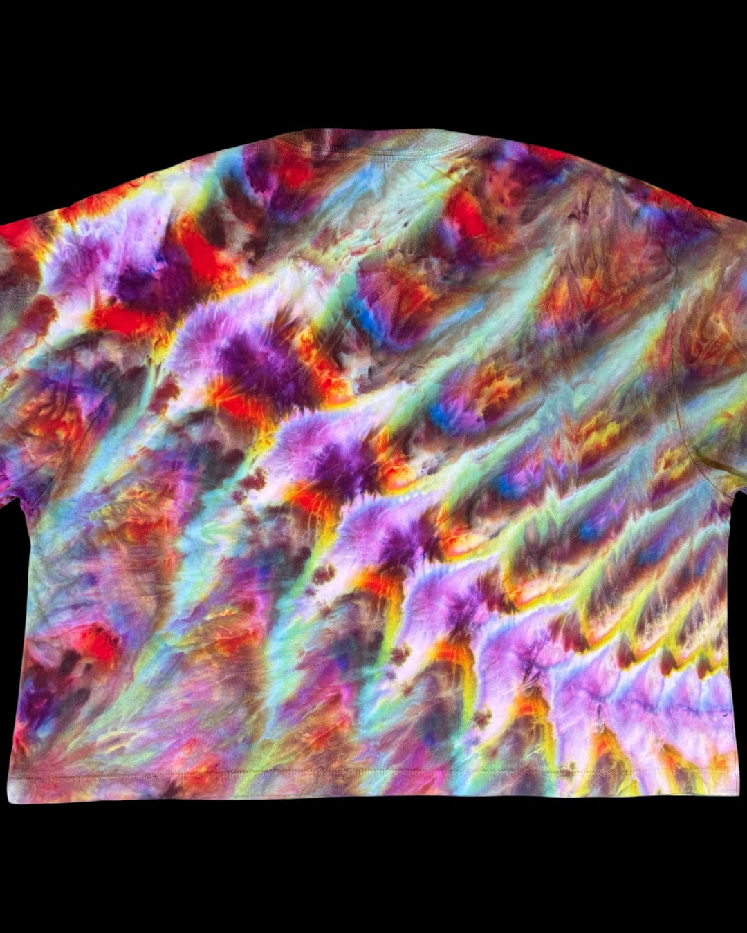 XL - ladies’ fit ice dyed rainbow cosmic roll boxy cropped tee