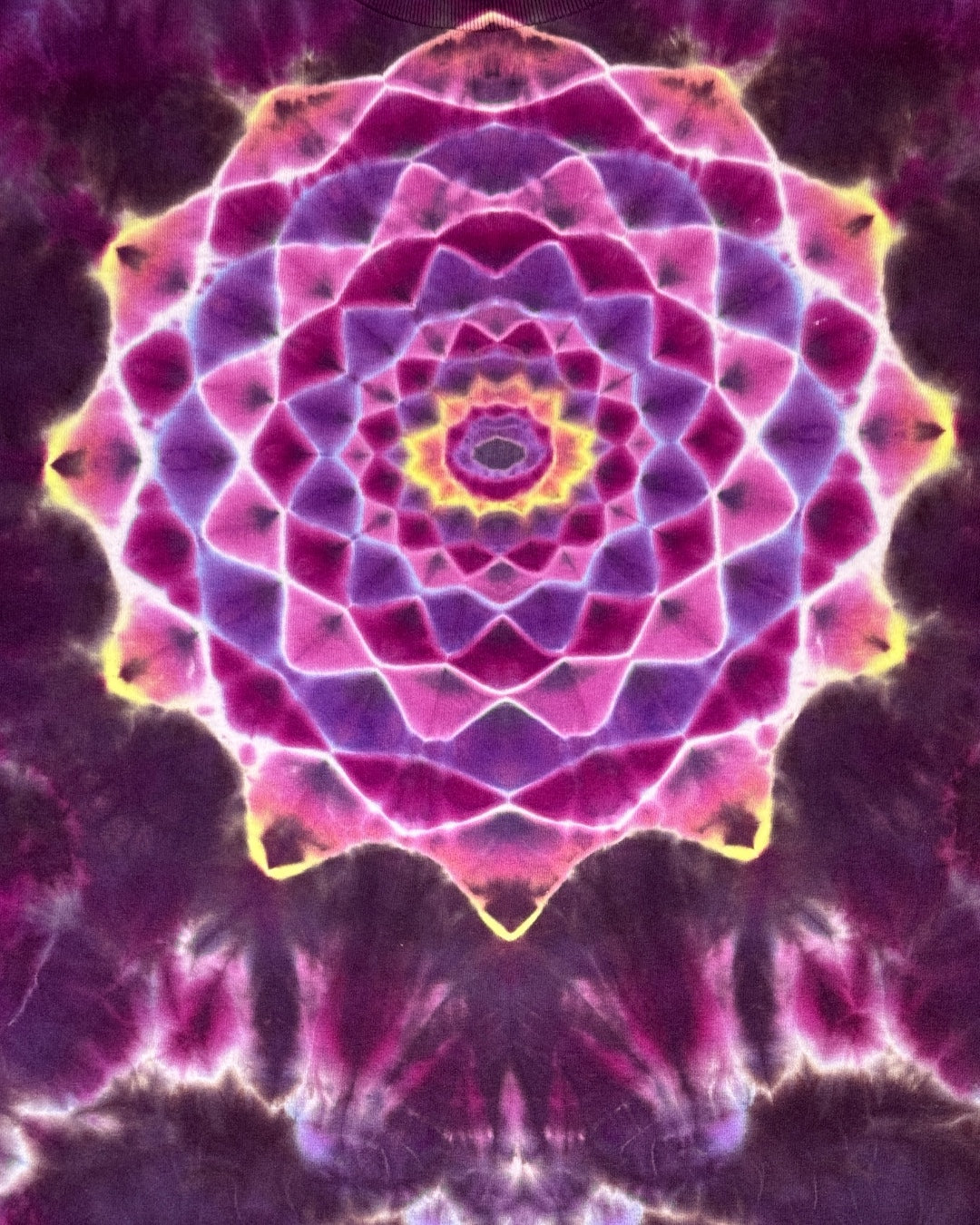 L - UV reactive black cherry and lime mandala with spine tee