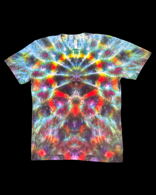 L - ice dyed mindbender b and tangerine cosmic rolled mandala bamboo tee