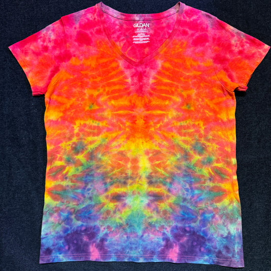 L - pink reverse dyed rainbow scrunch ladies vee tee