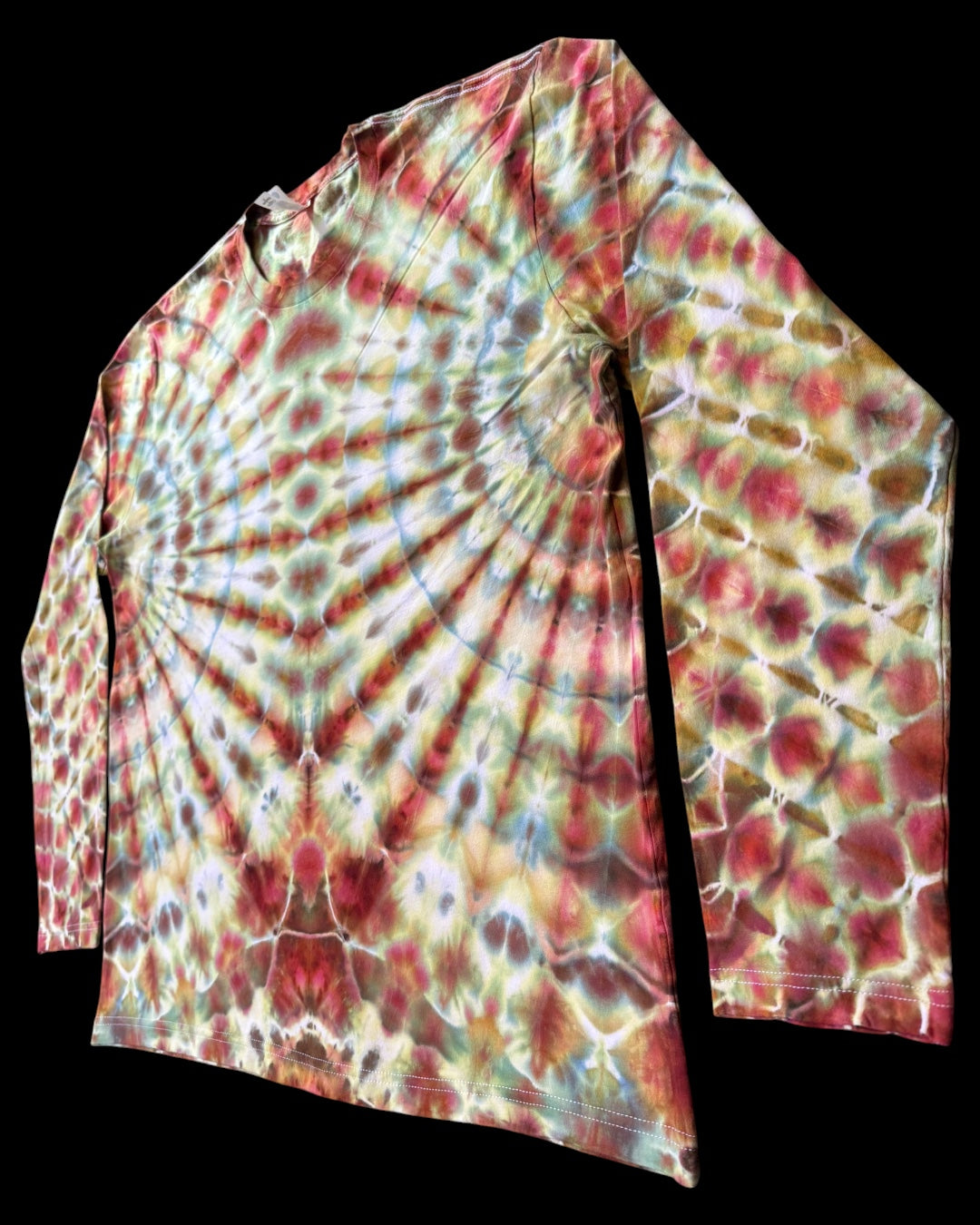 XL - ice dyed blue gray phoenix flame mirrored fan fold long sleeve tee