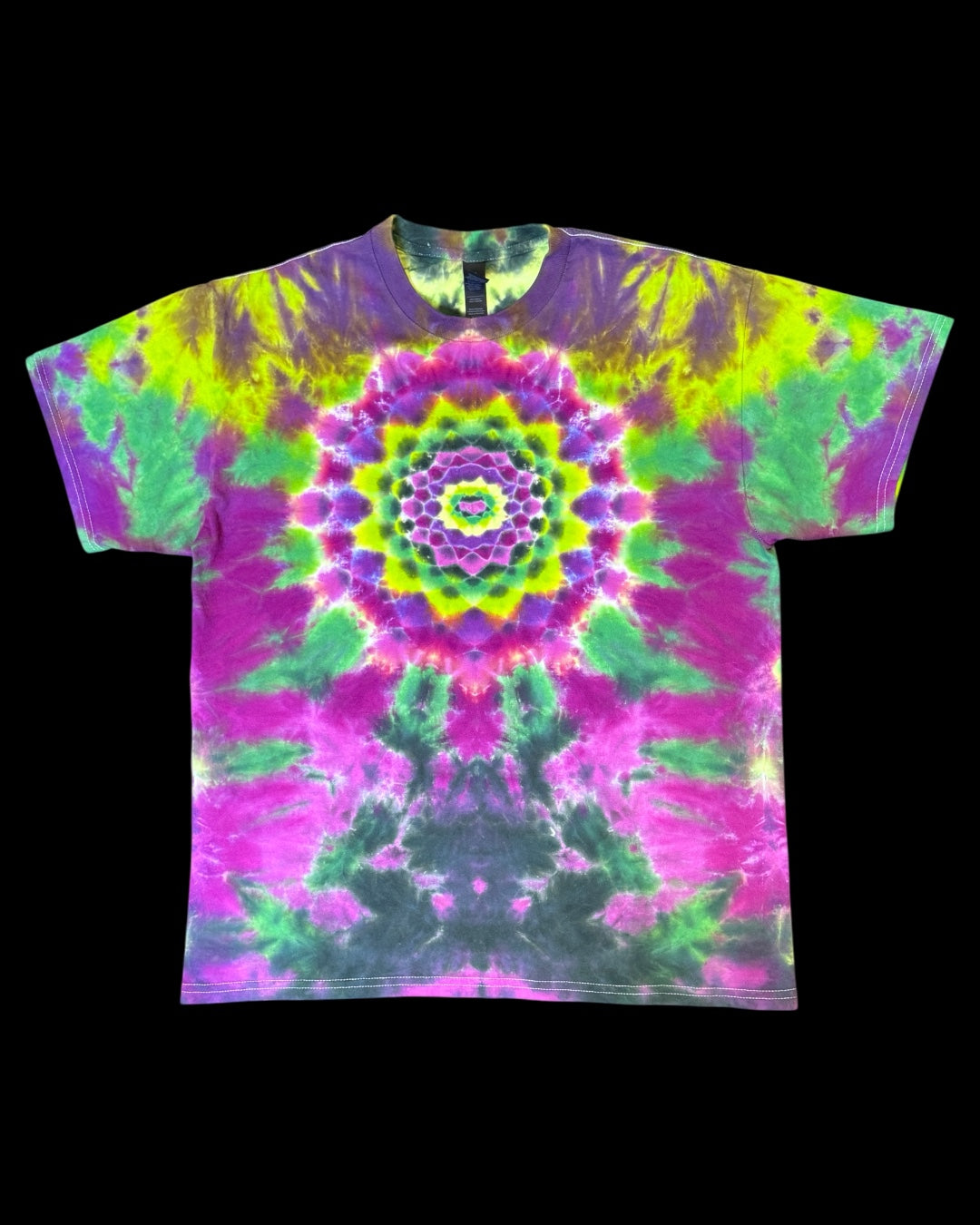 L - liquid dyed lime and black cherry mandala cosmic egg combo tee