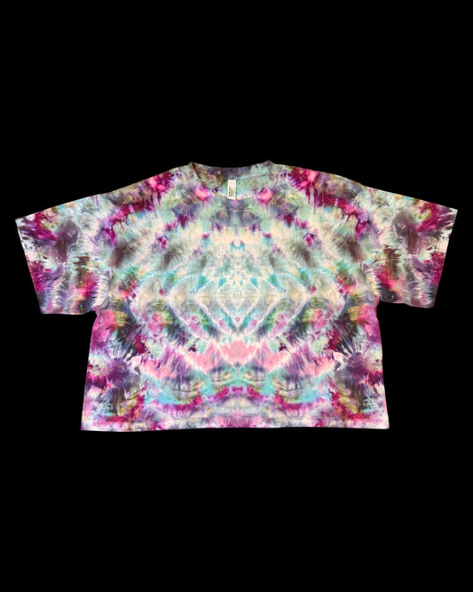 XL - ladies’ fit ice dyed mirrored cosmic rolled boxy cropped tee