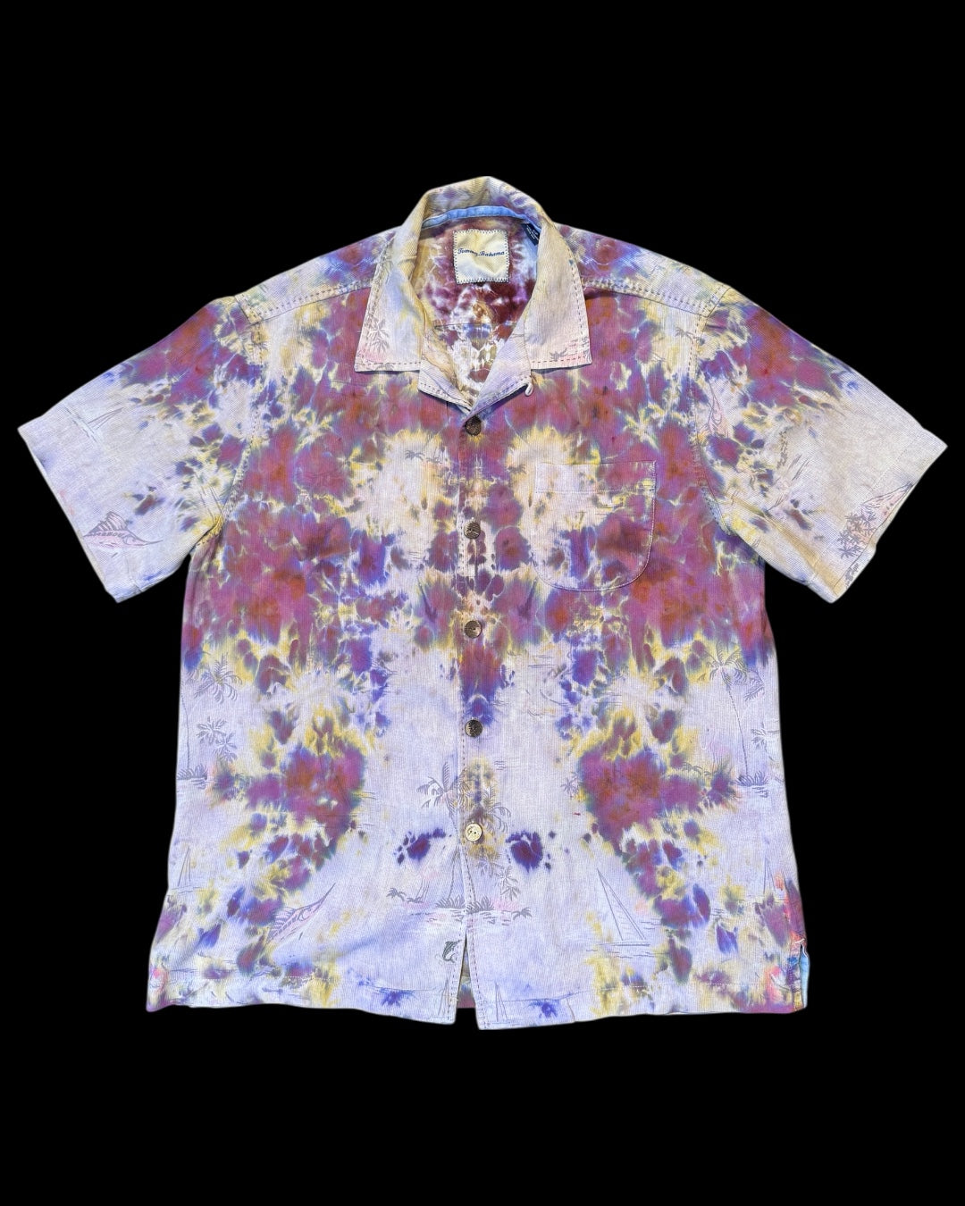 S - upcycled ice dyed silk hawaiian camp shirt