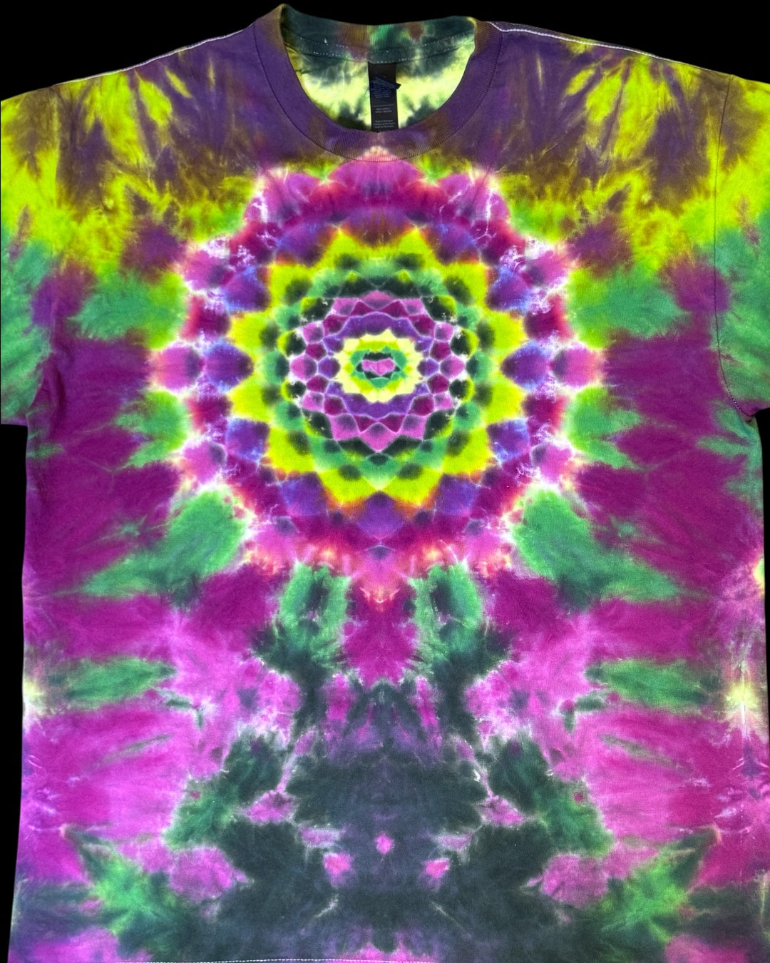L - liquid dyed lime and black cherry mandala cosmic egg combo tee