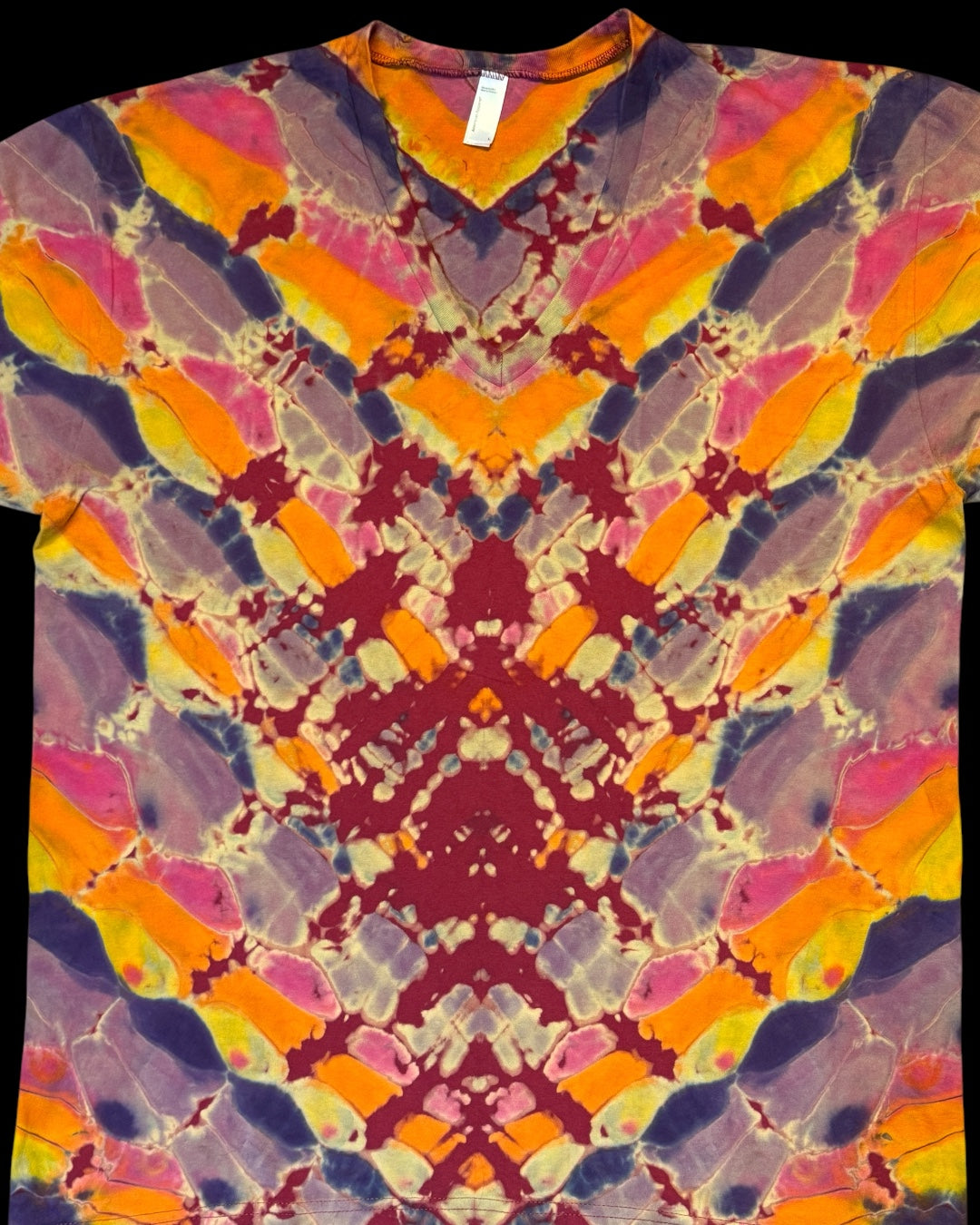 L - burgundy reverse dyed cosmic roll chevron vee neck tee