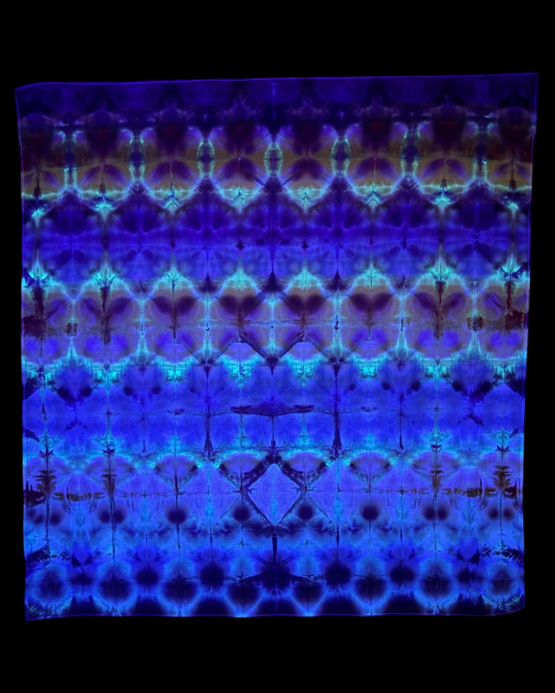 ice dyed UV reactive horizontal shibori bandana