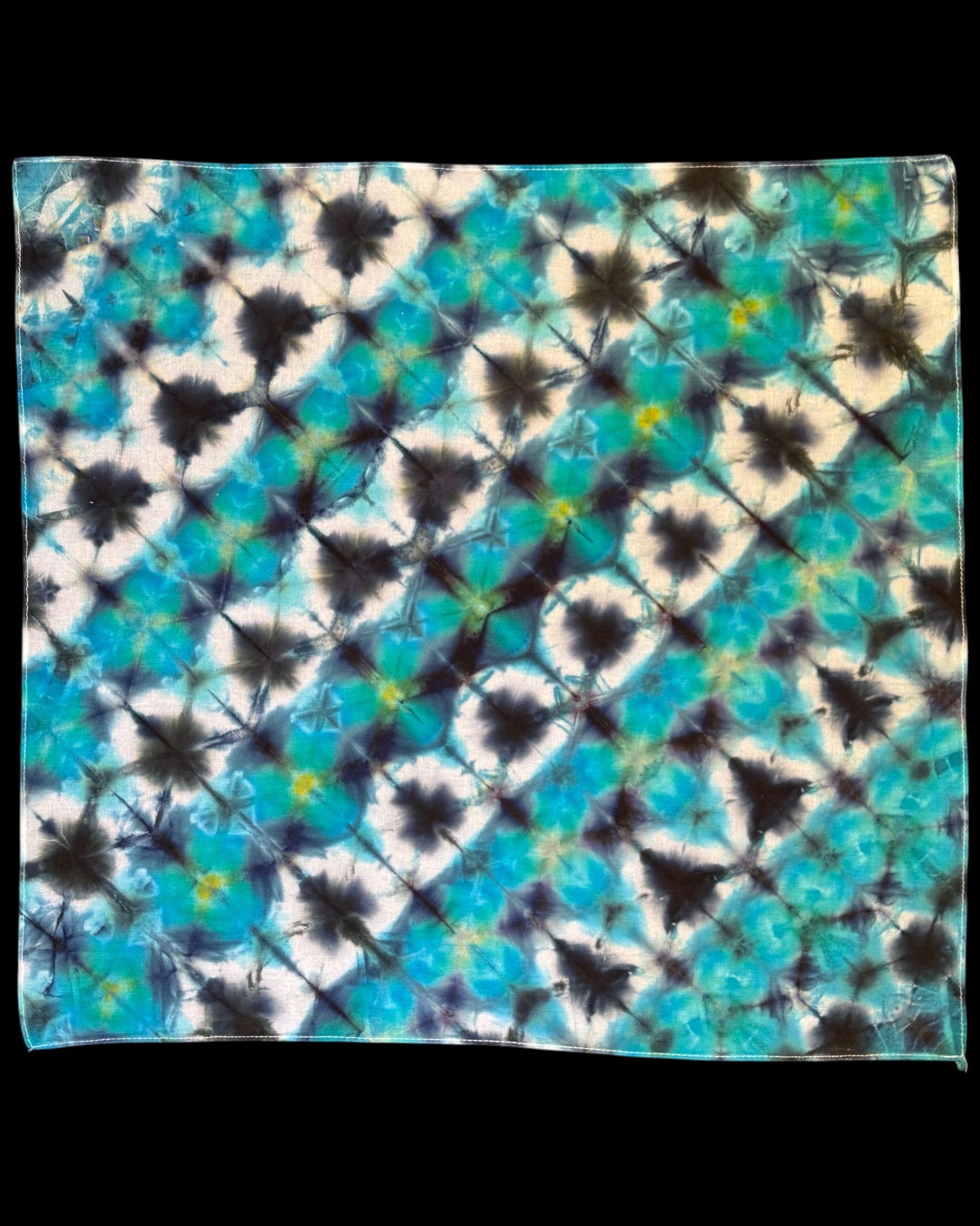 ice dyed turquoise and black sekka shibori bandana