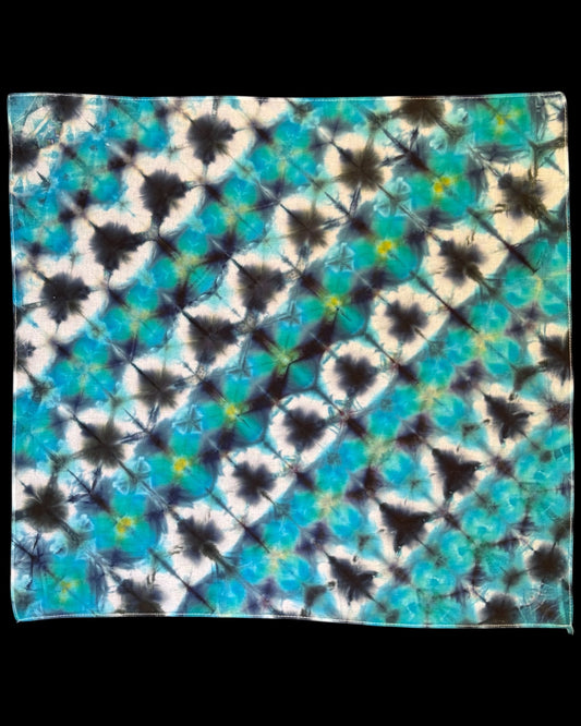 ice dyed turquoise and black sekka shibori bandana