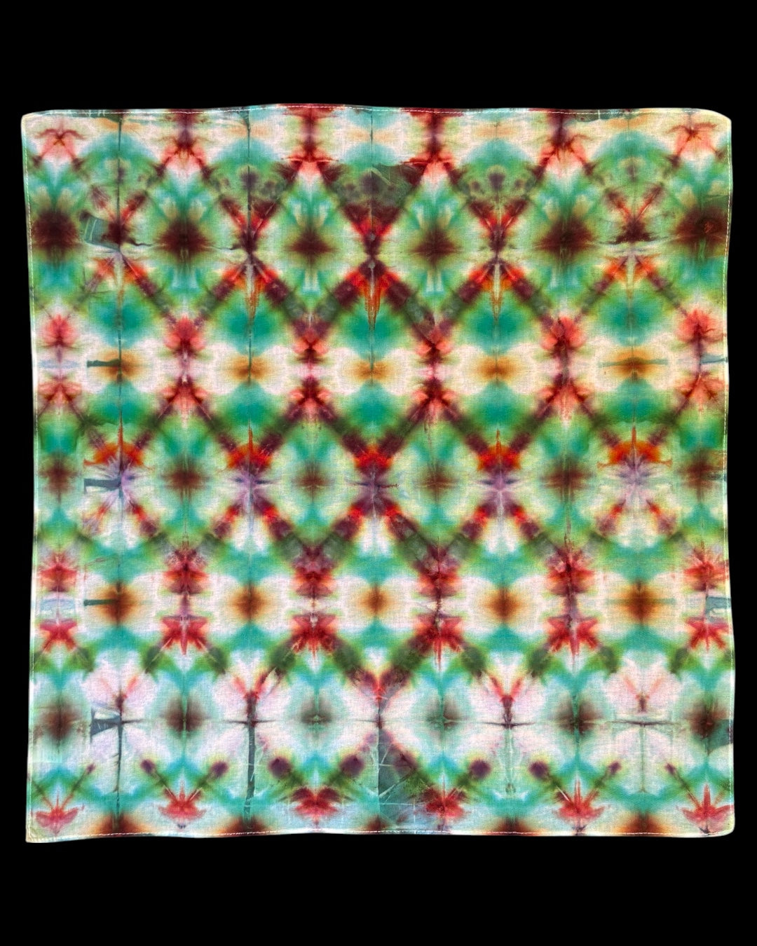 ice dyed green and terracotta shibori bandana