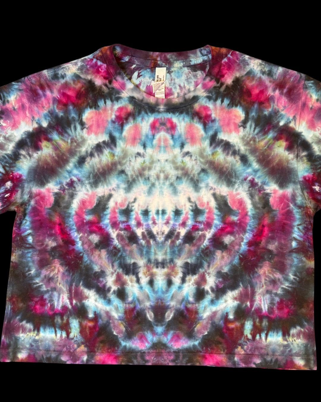 M - ladies’ fit ice dyed amethyst mirrored cosmic roll boxy cropped tee