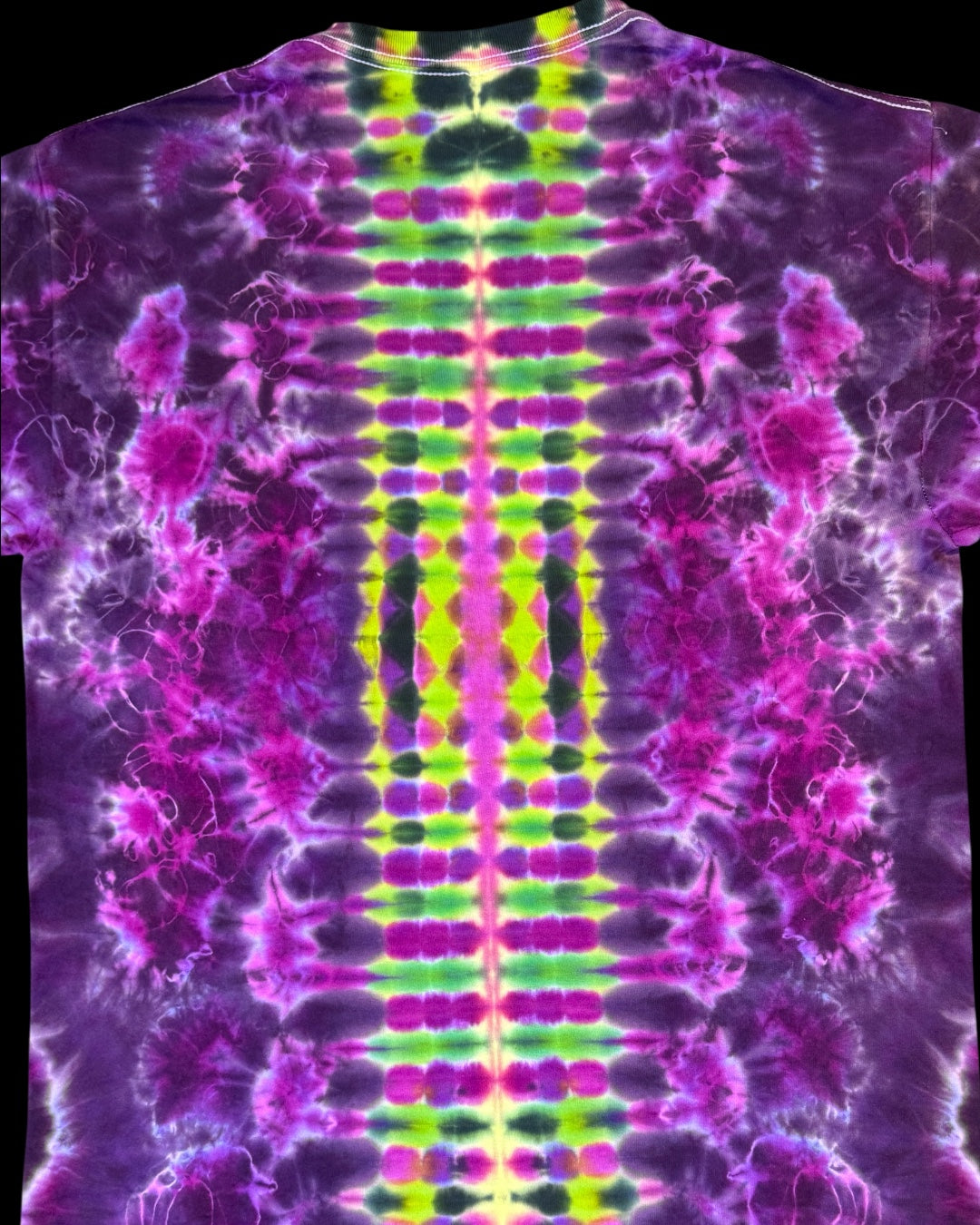 L - UV reactive black cherry and lime mandala with spine tee