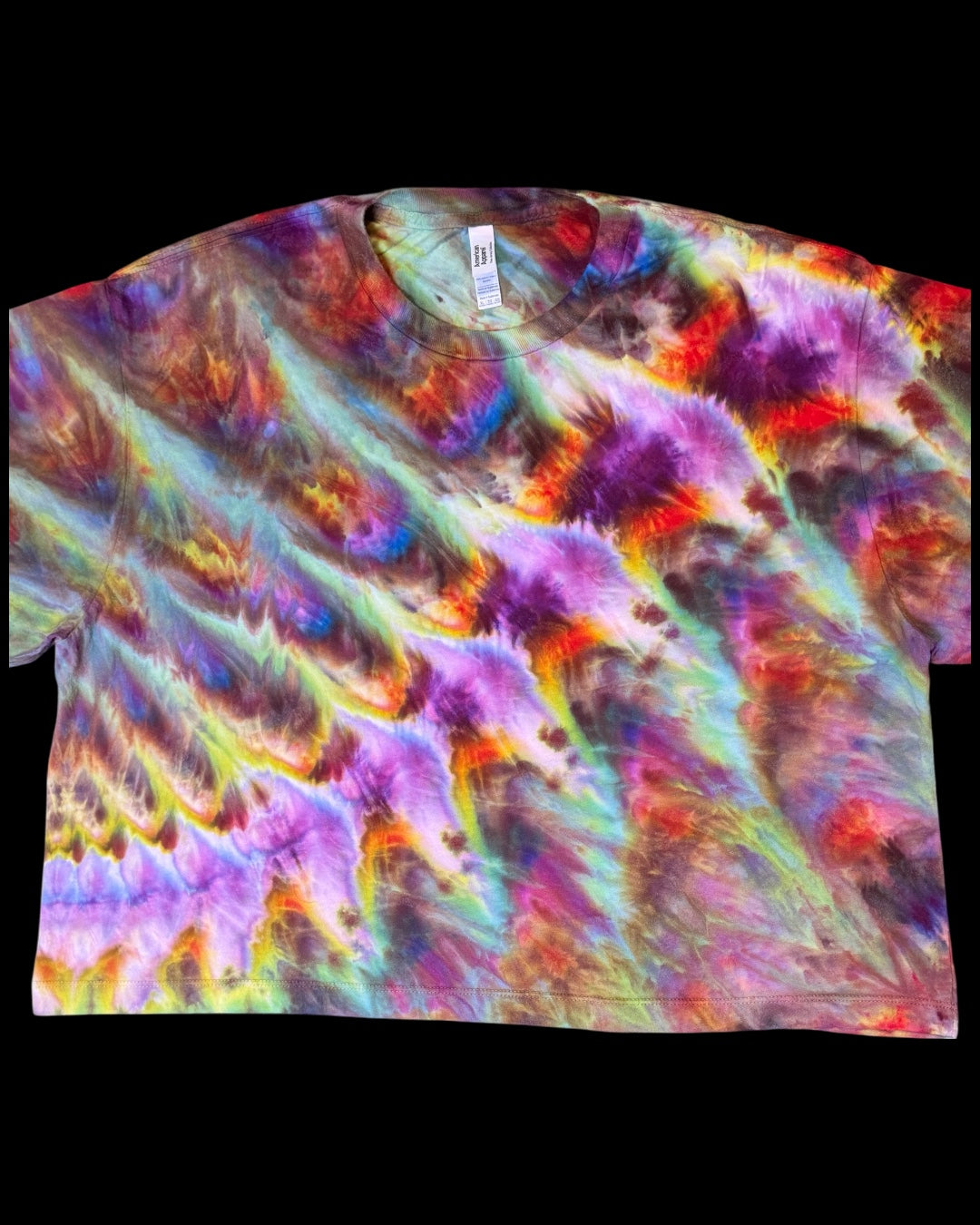 XL - ladies’ fit ice dyed rainbow cosmic roll boxy cropped tee