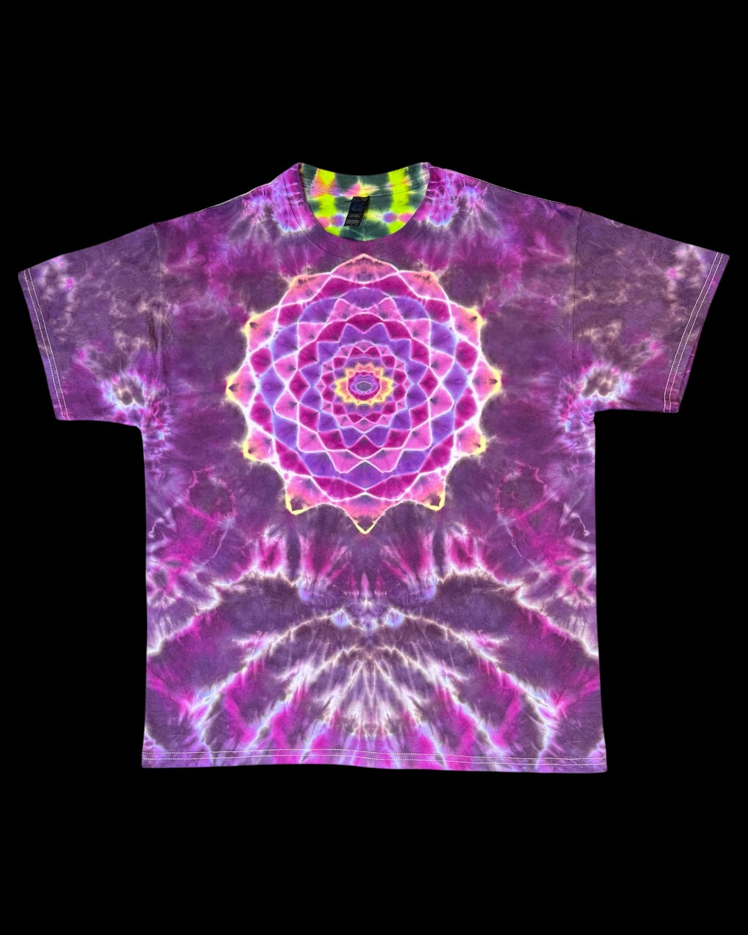 L - UV reactive black cherry and lime mandala with spine tee