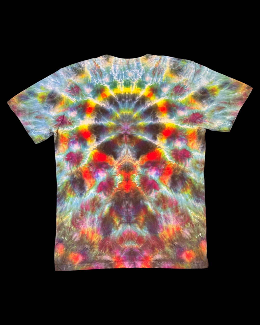 L - ice dyed mindbender b and tangerine cosmic rolled mandala bamboo tee