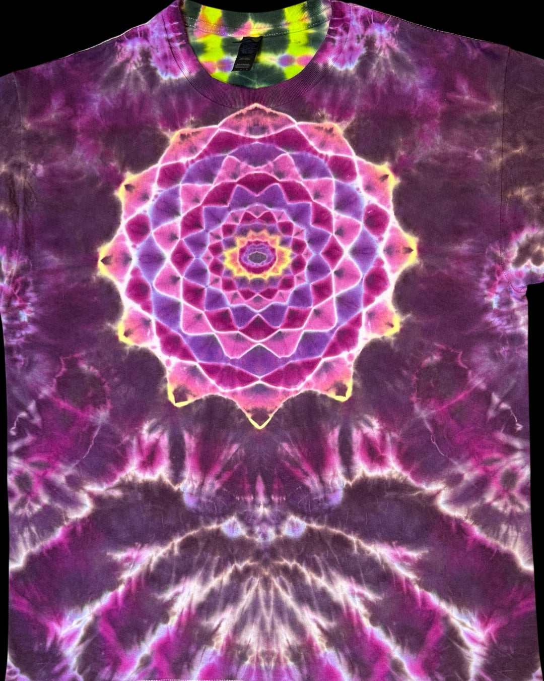 L - UV reactive black cherry and lime mandala with spine tee