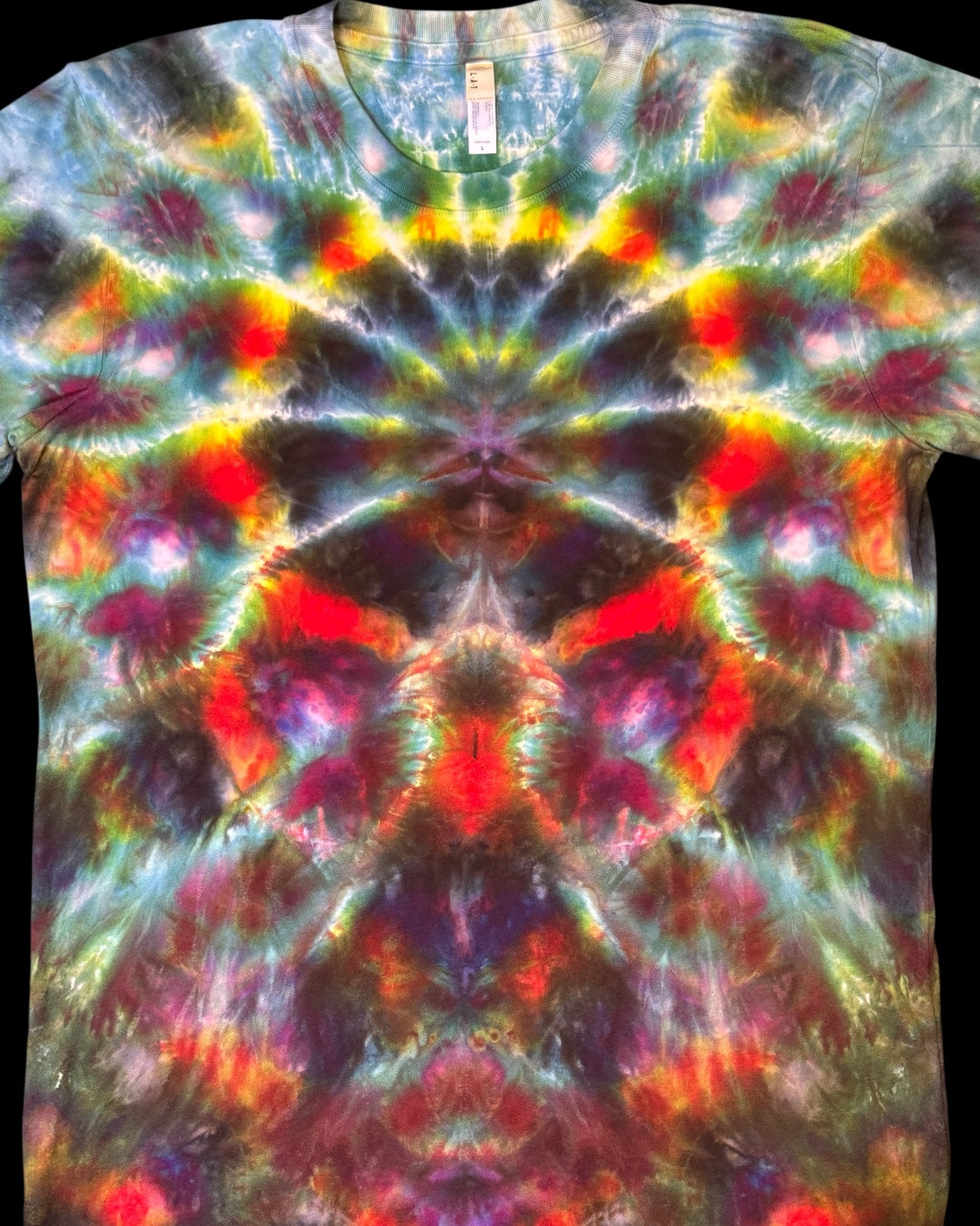 L - ice dyed mindbender b and tangerine cosmic rolled mandala bamboo tee