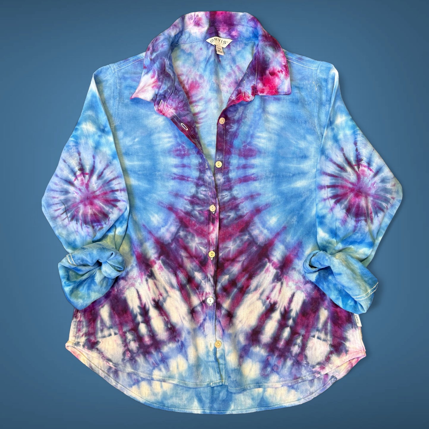 S - upcycled ice dyed women’s fit linen rayon shirt