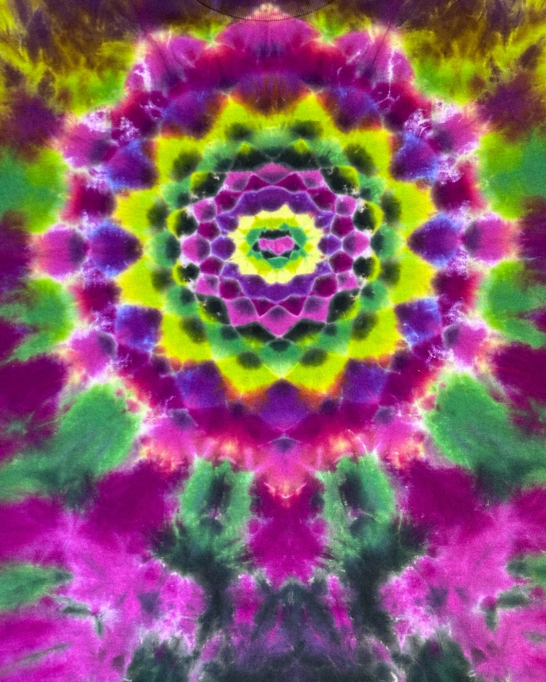 L - liquid dyed lime and black cherry mandala cosmic egg combo tee