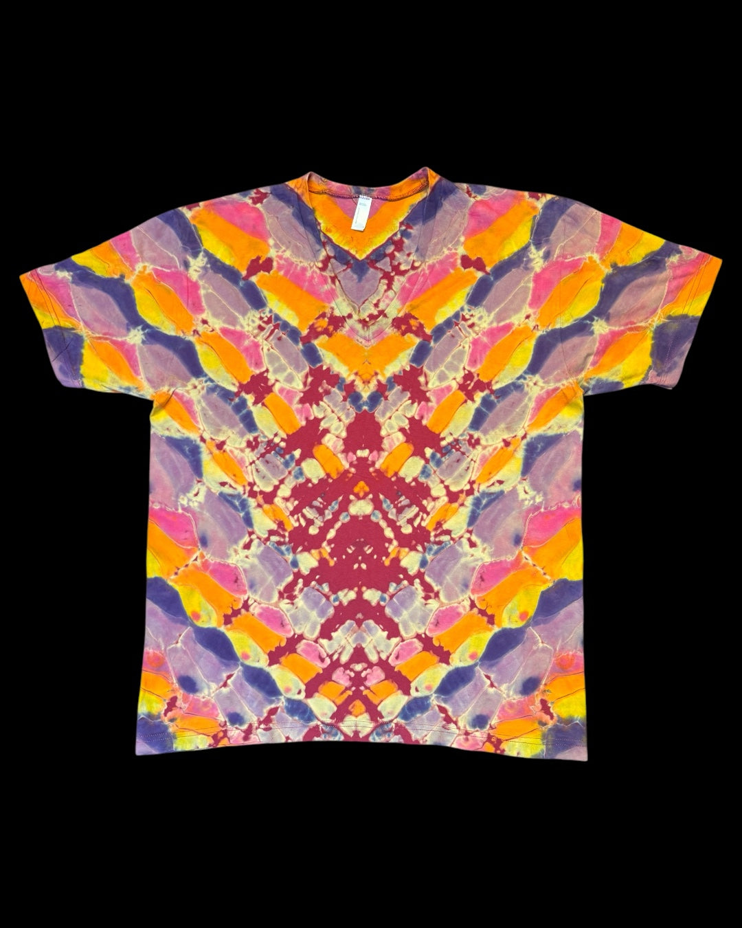 L - burgundy reverse dyed cosmic roll chevron vee neck tee