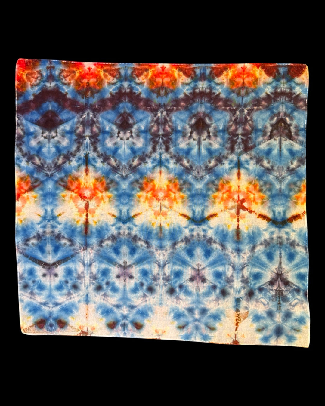 ice dyed blue and orange sekka shibori bandana