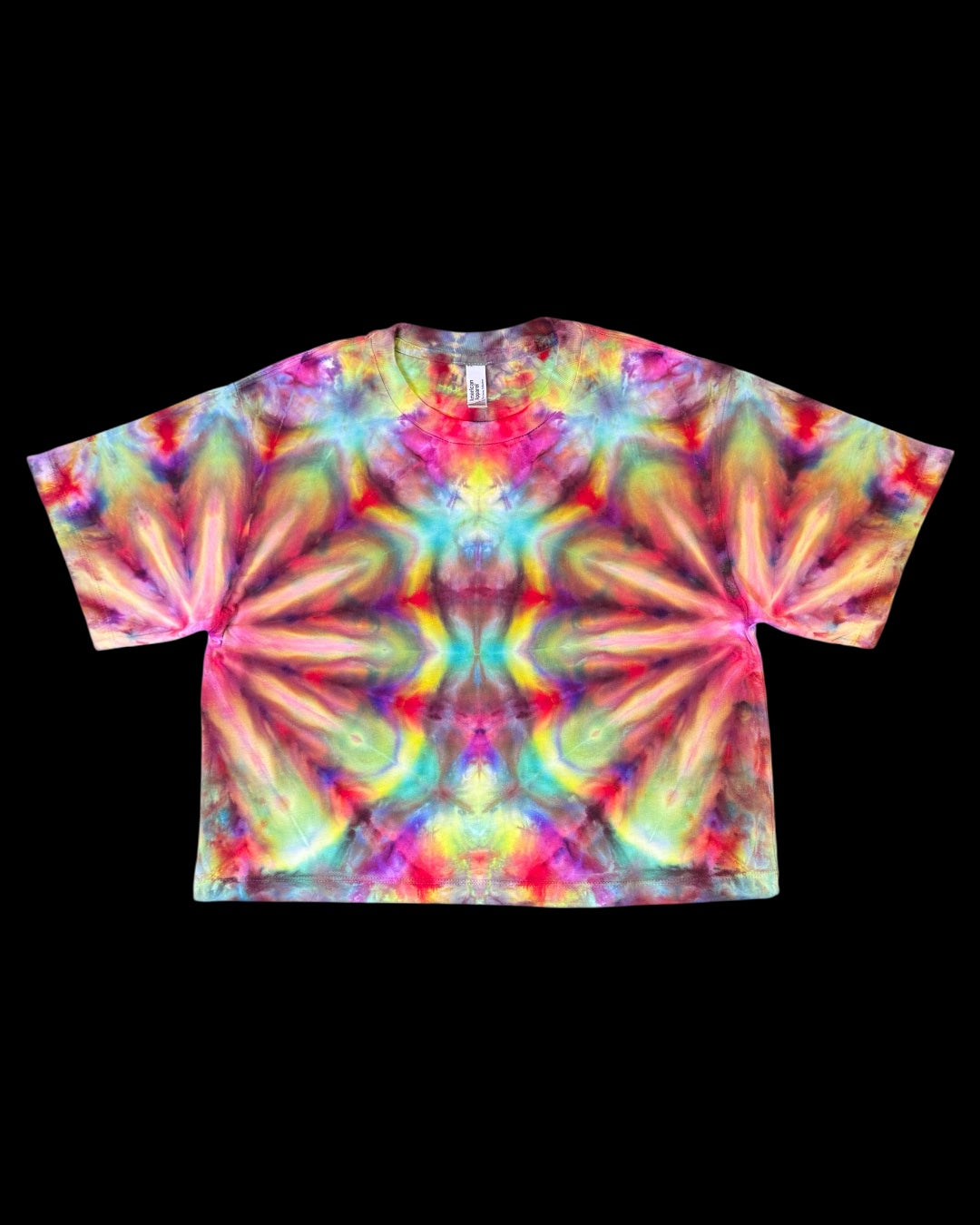 S - ladies’ fit ice dyed rainbow mirrored fan fold boxy cropped tee