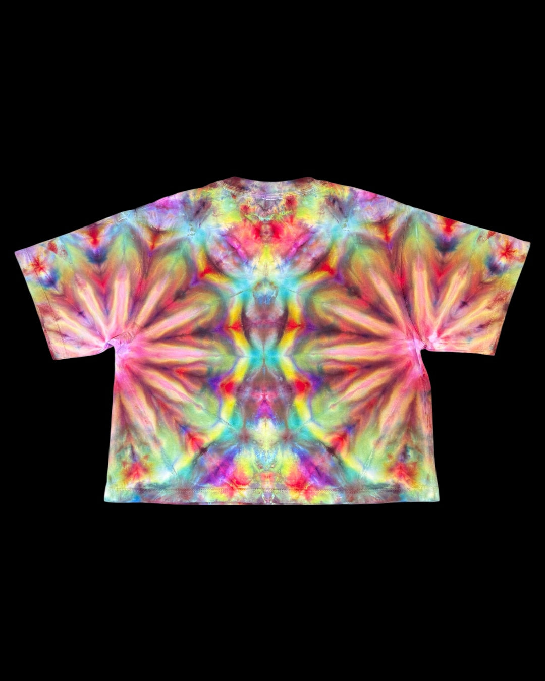 S - ladies’ fit ice dyed rainbow mirrored fan fold boxy cropped tee