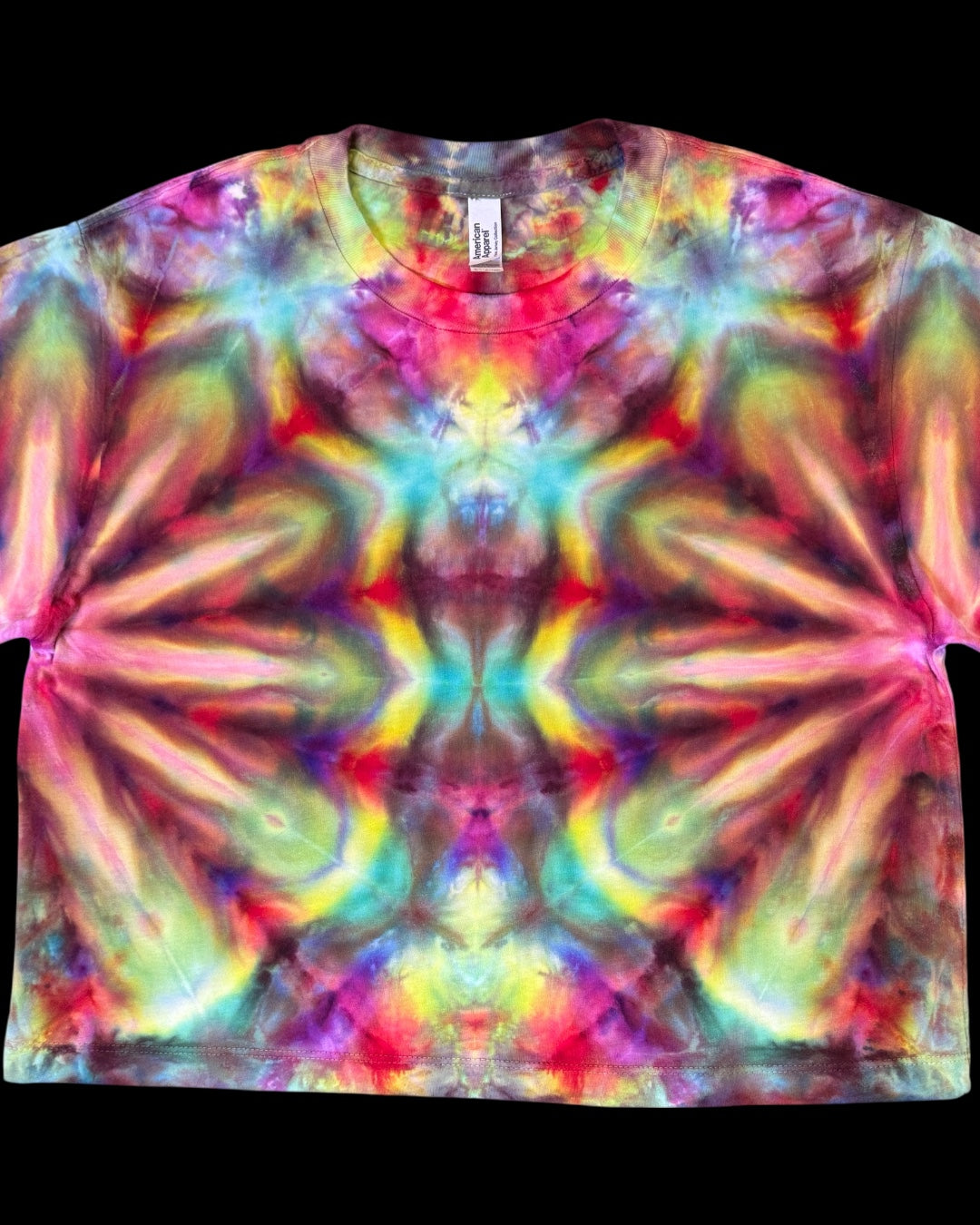 S - ladies’ fit ice dyed rainbow mirrored fan fold boxy cropped tee