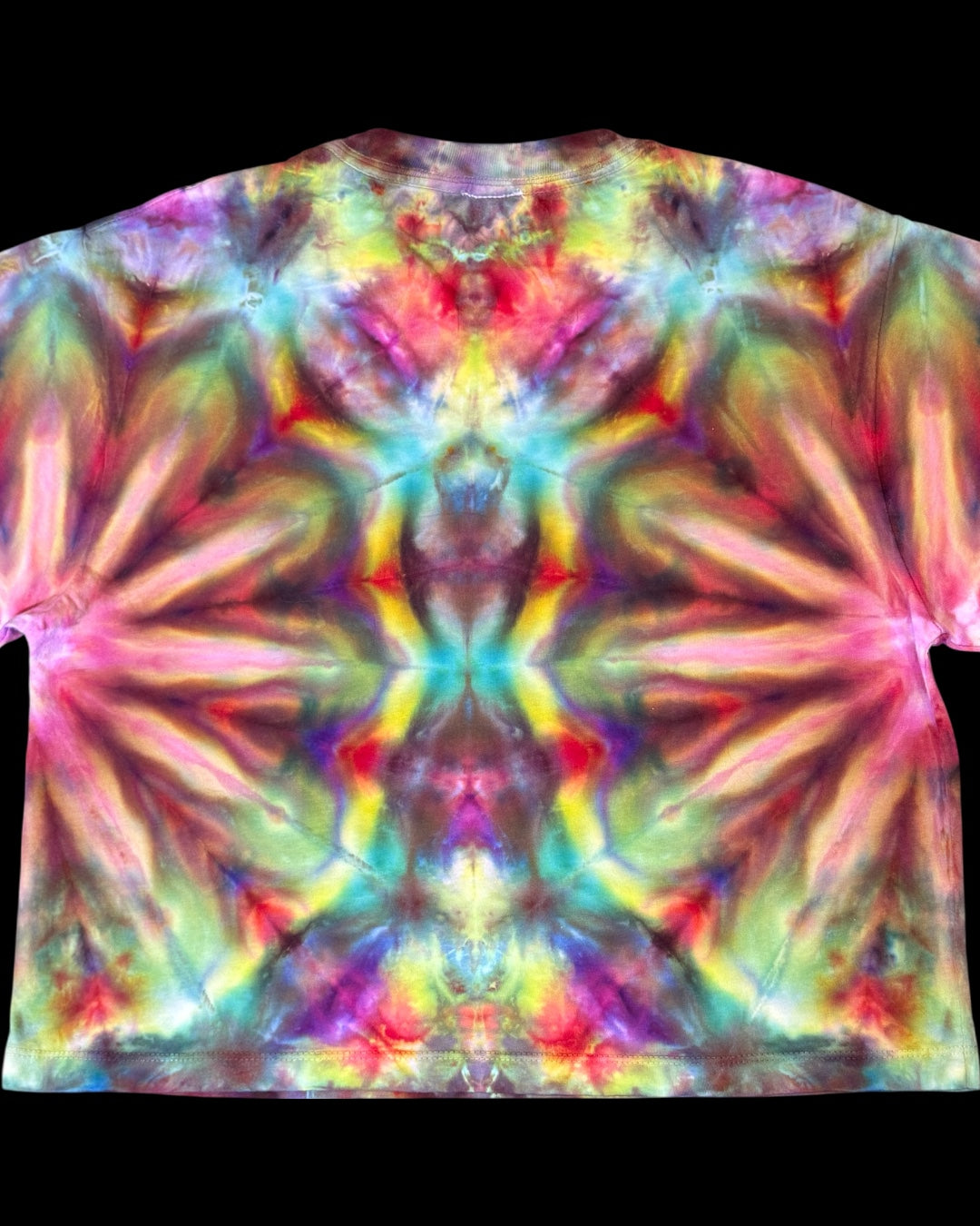 S - ladies’ fit ice dyed rainbow mirrored fan fold boxy cropped tee